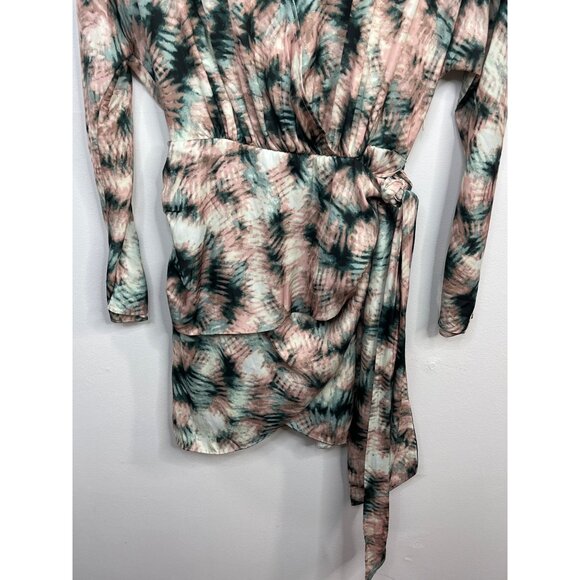 Tart Collections Wrap Dress Small Satin Tie Dye Mini Fall Style Pink Green - Picture 5 of 9
